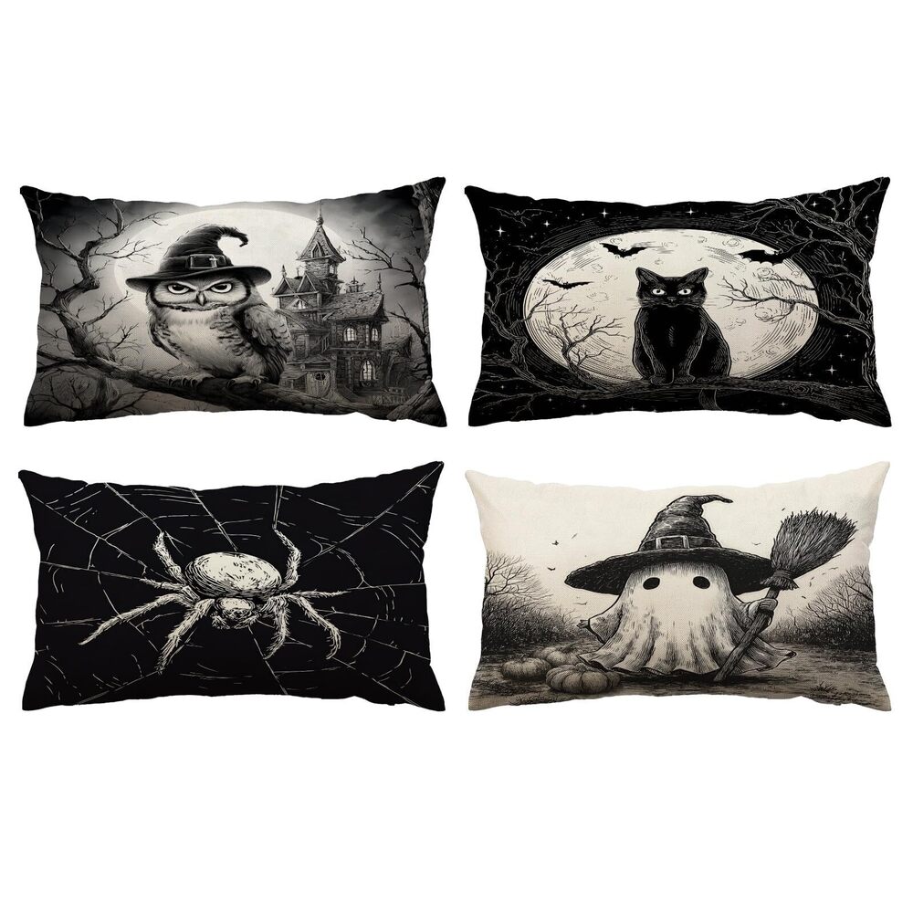 5163 Set of 4 Halloween Pillow Covers 12x20 Inch Spooky Ghost Cat Owl